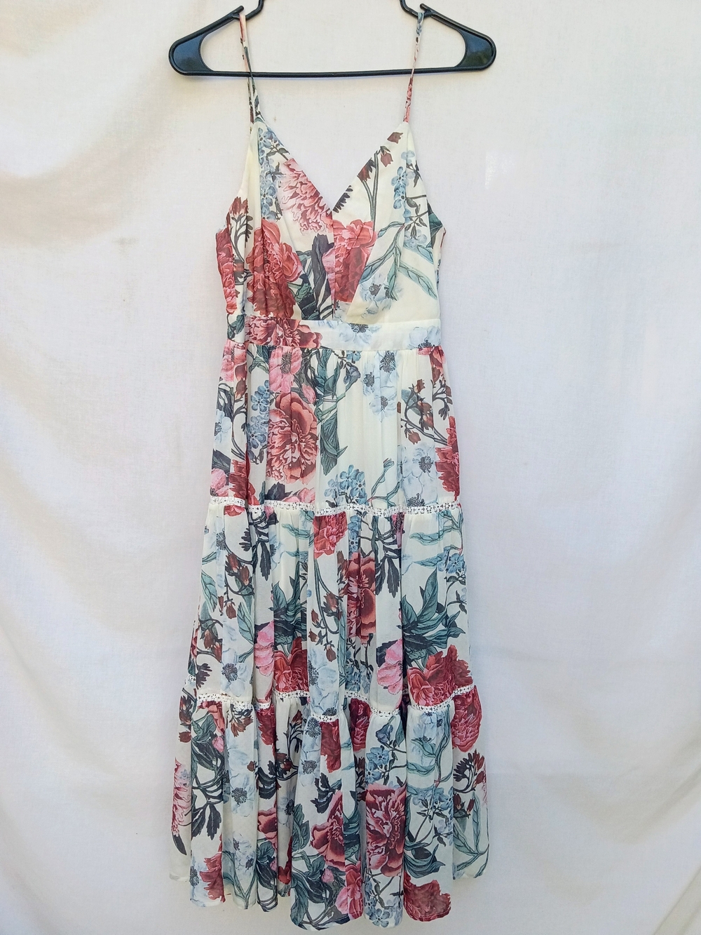L'ATISTE Floral Tiered Spaghetti Strap Maxi Dress White Pink & Green Coquette S